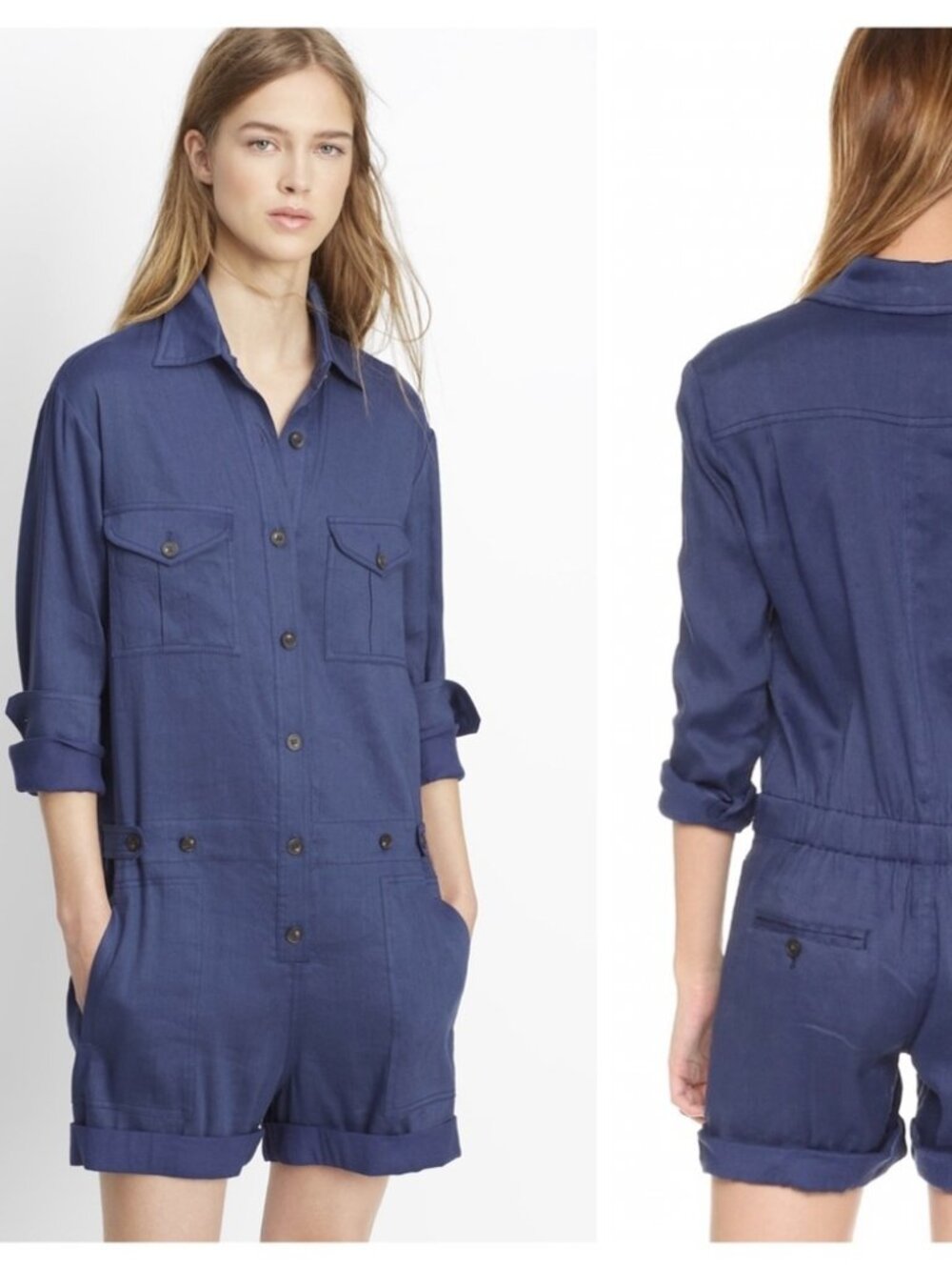 VINCE‎ Linen Blend Navy Blue Button Front Utility Romper Size 2